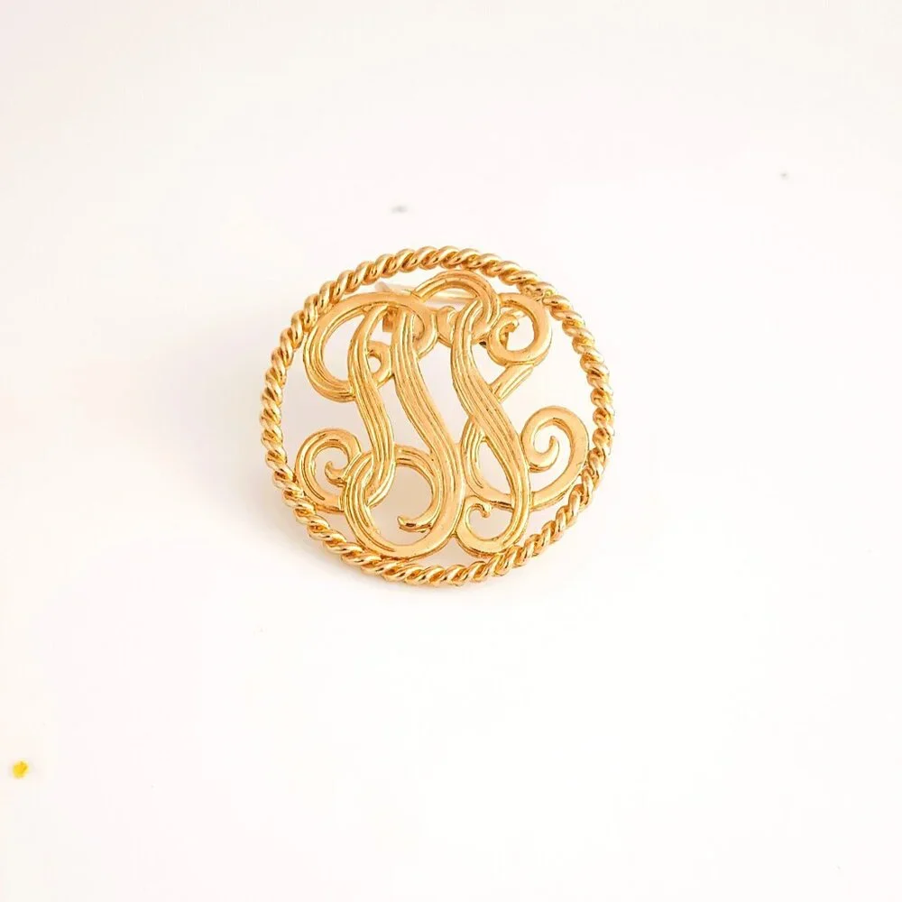 Woman's Monogram Scarf Clip Round Initial Gold Tone Shawl Clip